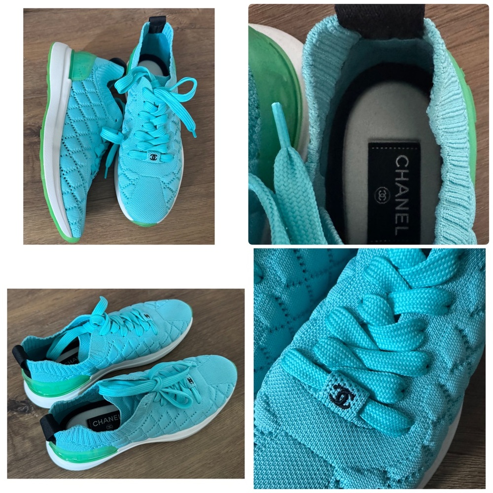 CHANEL-AUTHENTIC (NWT) Women's Light Blue & Green Running Sneakers